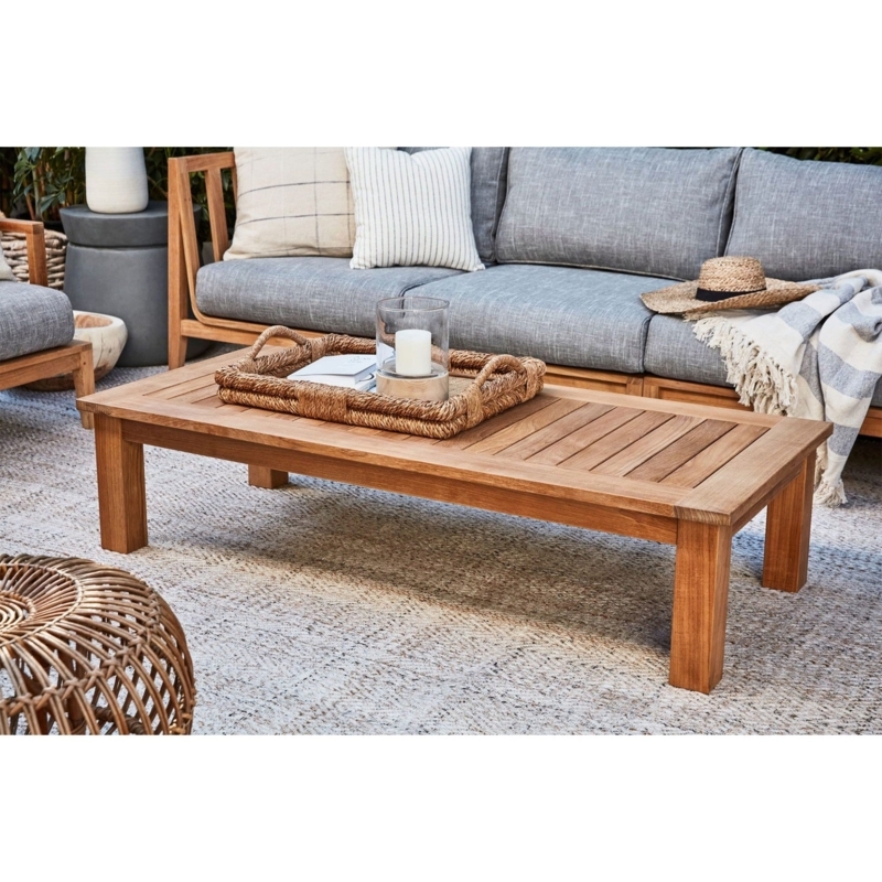 Outdoor Coffee Table Slatted Top Square Legs Rectangular Coastal Lounge.