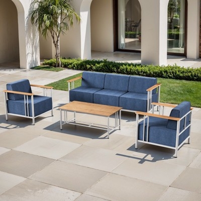 Outdoor Conversation Set White Metal Slats with Denim Blue Thick Cushions