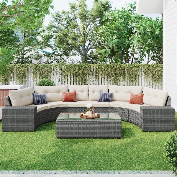 Outdoor Curved Sectional: Grey Wicker Half-Moon Patio Set