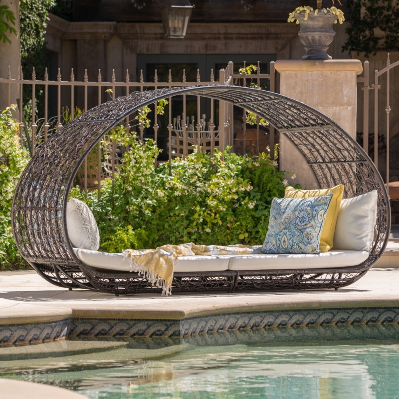 Outdoor Daybed, Oval Canopy, Multibrown Wicker, Open Lattice Weave