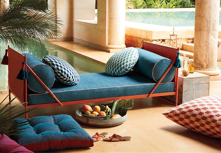 Outdoor Daybed Terracotta Frame Corner Tassels Geometric