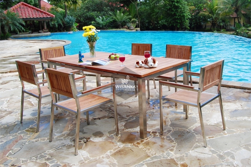 Outdoor Dining Set Stainless Steel Slat Back Chairs Honey Brown Wood