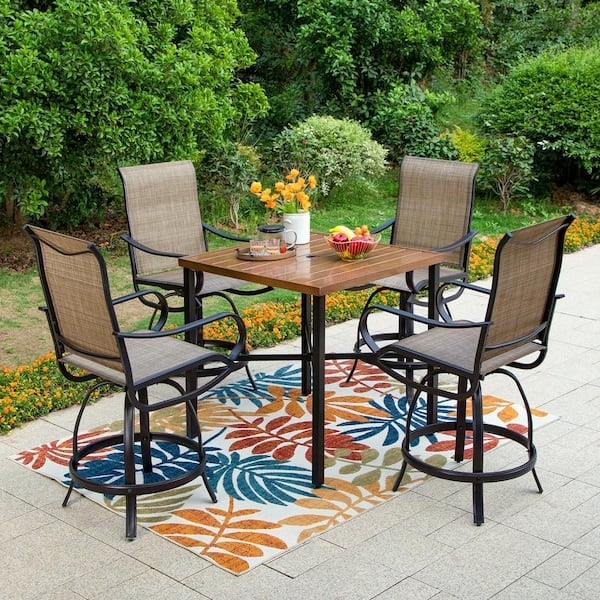 Outdoor Dining Set with Textilene Mesh Swivel Stools, Square Wood Look Top