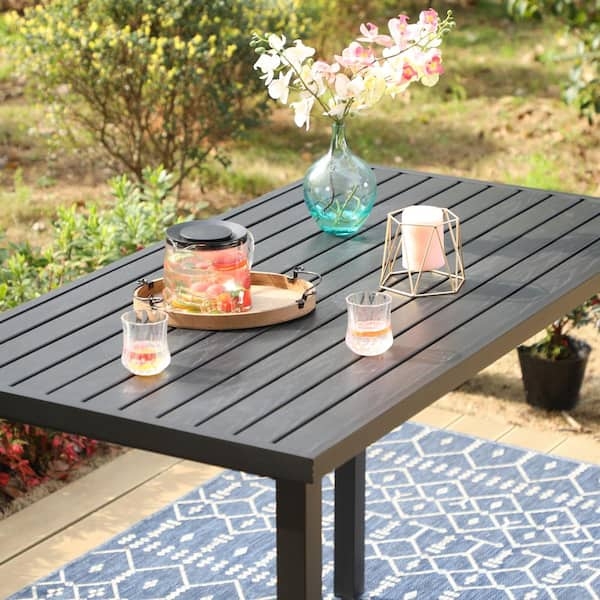 Outdoor Dining Table Bar Height Black Slatted Metal Patio