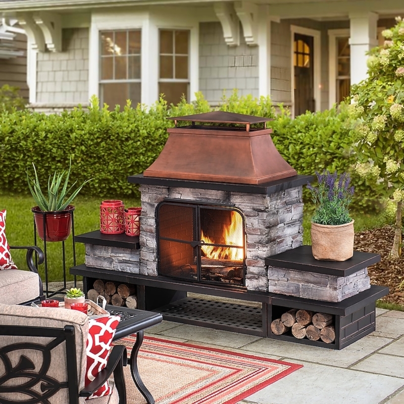 Outdoor Fireplace Antique Copper Hood Stone Look Body