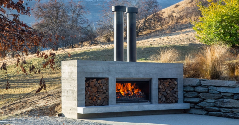 Outdoor Fireplace Board Formed Concrete Twin Black Flues