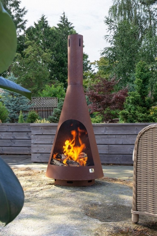 Outdoor Fireplace Conical Body Weathered Patina Rusted Metal Chimney Rustic