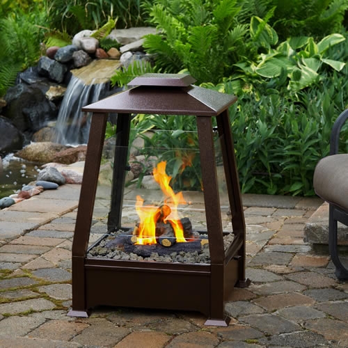 Outdoor Fireplace Copper Finish Glass Enclosure Rustic Lantern