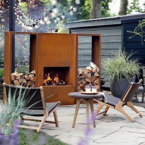 Outdoor Fireplace Corten Steel Geometric Silhouette Log Storage