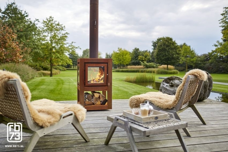 Outdoor Fireplace Corten Steel Glass Enclosed Fire Integrated Wood Niche