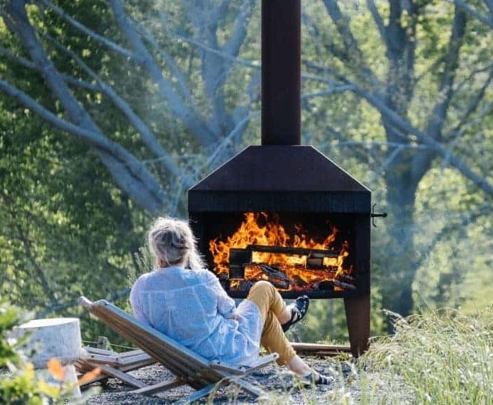 Outdoor Fireplace Freestanding Metal Tall Cylindrical Flue Geometric Hood