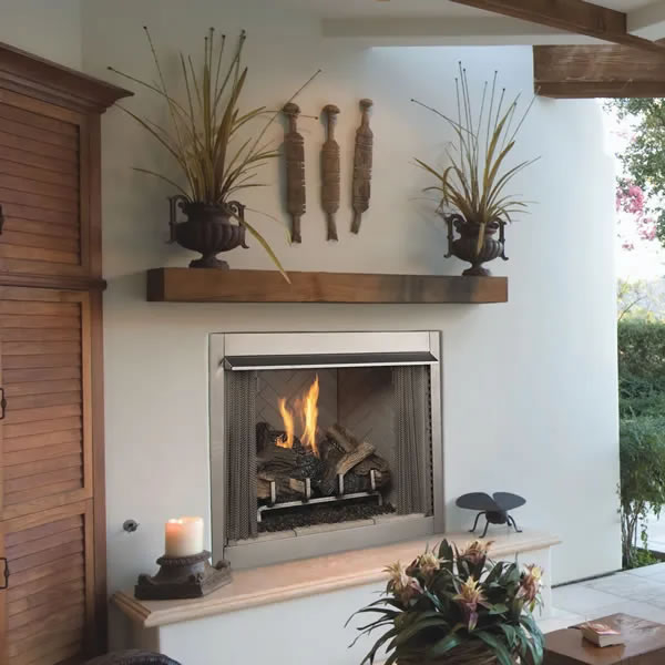 Outdoor Fireplace Herringbone Brick Interior Floating Mantel