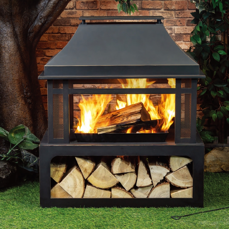 Outdoor Fireplace Matte Black Bronze Rubbed Edges Integrated Log Niche