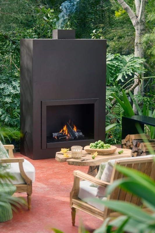 Outdoor Fireplace Matte Black Weathering Steel Rectangular Silhouette Vent
