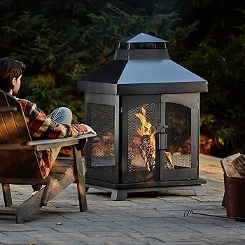 Outdoor Fireplace Pitched Roof Matte Black Hinged Mesh Doors