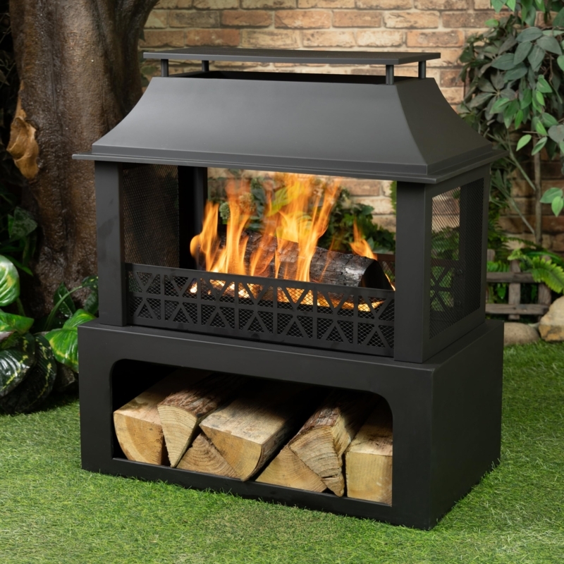 Outdoor Fireplace Rectangular Steel Log Storage Geometric Lattice Screen