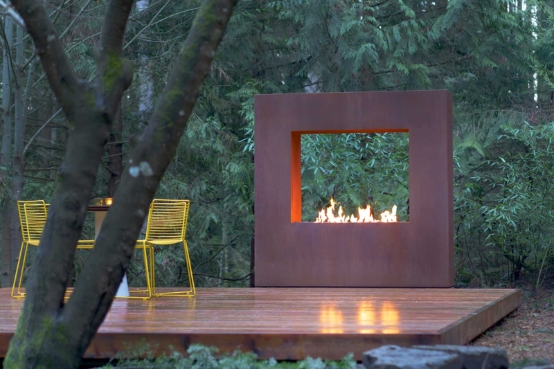 Outdoor Fireplace Square Monolith See-Through Firebox Corten