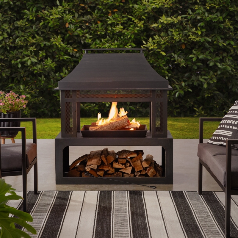 Outdoor Fireplace Steel Wood Storage Base Tapered Hood Mesh Sides