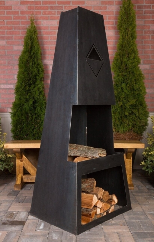 Outdoor Fireplace Tall Steel Monolithic Form Diamond Cutout Wood Storage
