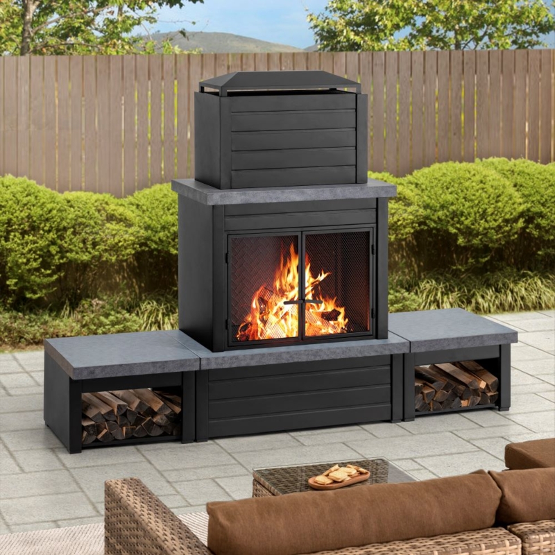 Outdoor Fireplace Tiered Silhouette Slate Grey Tops Integrated Log Holders