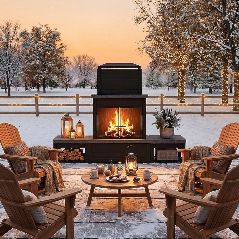 Outdoor Fireplace Tiered Stone Look Base Wood Holders Matte Black
