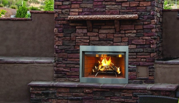 Outdoor Fireplace with Burgundy Stone Facade and Stainless Frame