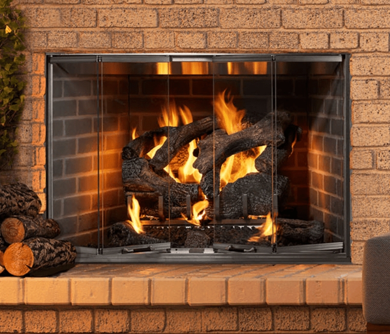 Outdoor Fireplace with Herringbone Interior and Textured Brick
