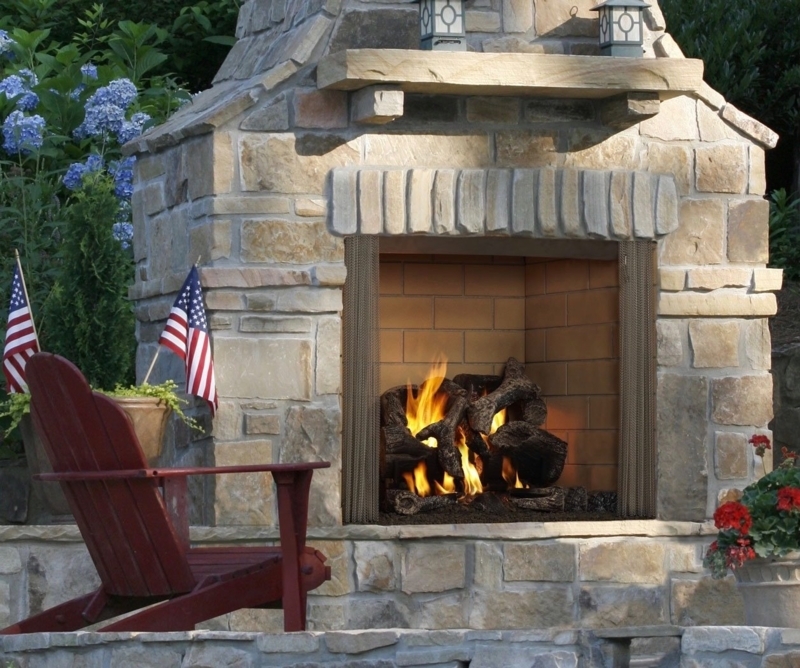 Outdoor Fireplace with Vertical Stone Lintel and Mesh Screens