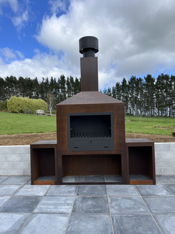 Outdoor Fireplace XL Scale Modular Wood Storage Oxidized Patina