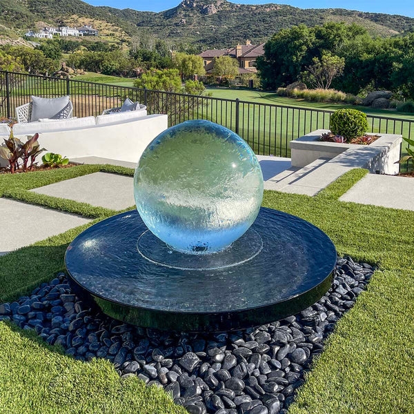 Outdoor Fountain: Crystal Sphere with Black Circular Basin