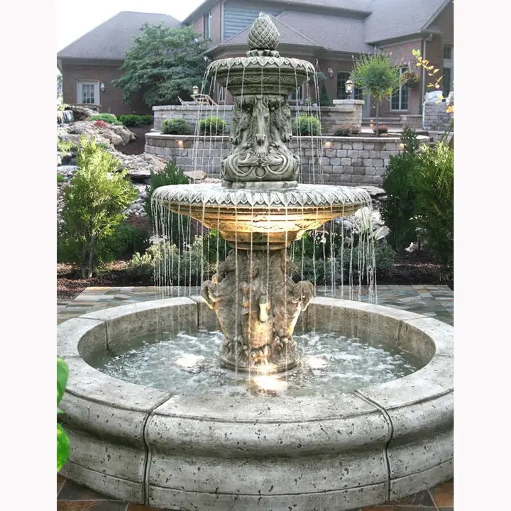 Outdoor Fountain: Horse Pedestal Base with Neoclassical Tiered Design
