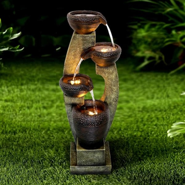Outdoor Fountain: Stacked Crocks with Asymmetrical Garden Design