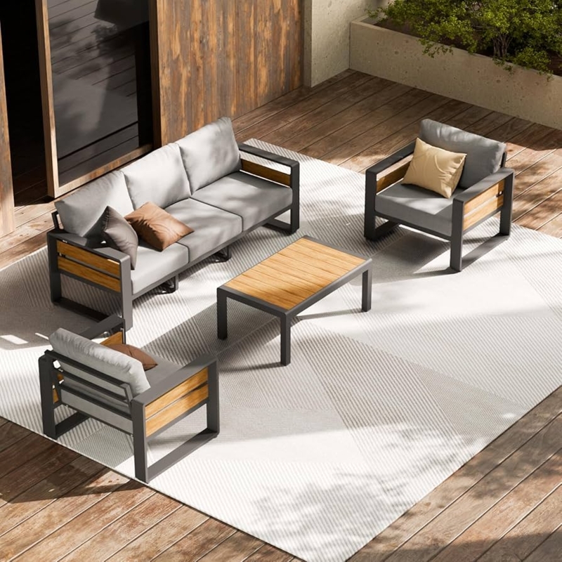 Outdoor Furniture Set Aluminum Slatted Wood Accents Charcoal Frame