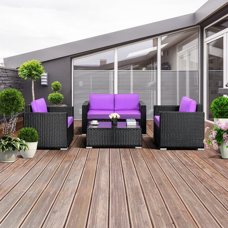 Outdoor Furniture Set Black Wicker 4-Piece Purple Cushions Modern