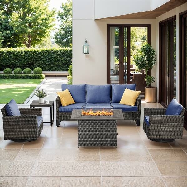 Outdoor Furniture Set with Fire Pit Table and Swivel Glider Wicker Chairs