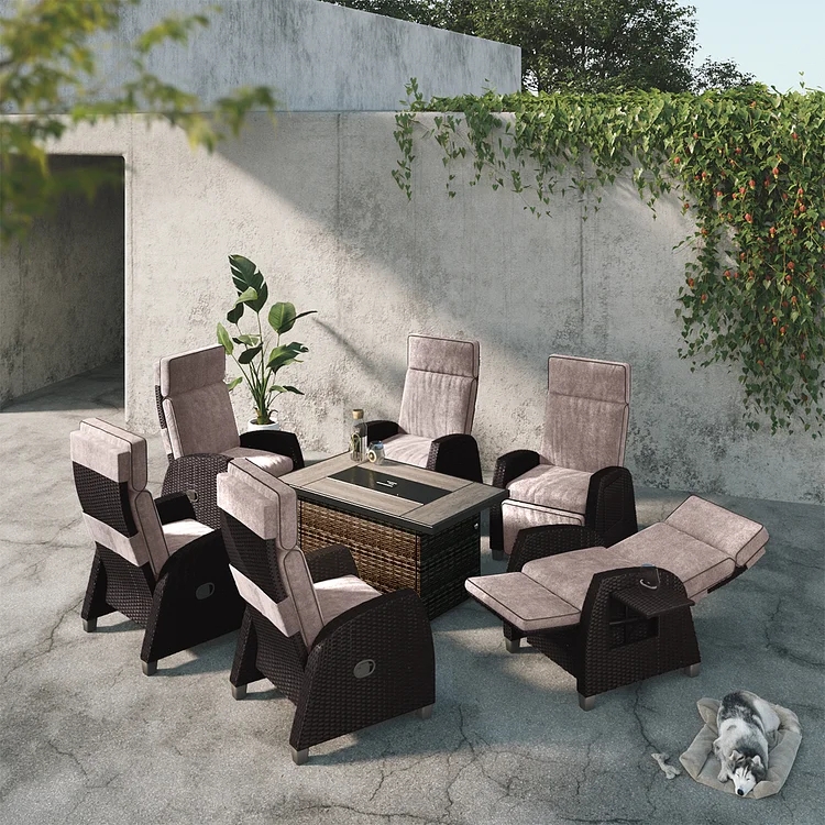 Outdoor Furniture Set with Fire Pit Table, Manual Recliner, Taupe Beige