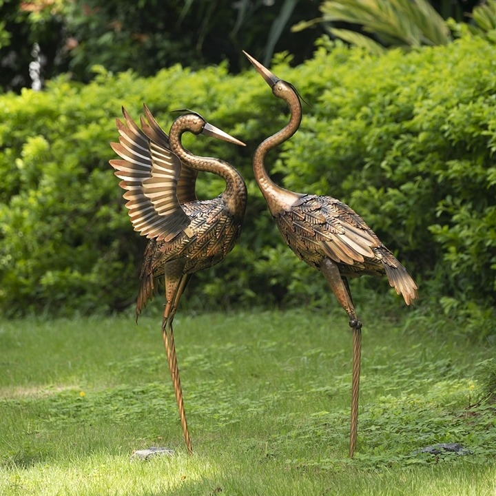 Outdoor Garden Statues, Brass Metal Crane, 33-39inch Lawn Ornaments, Set of  2