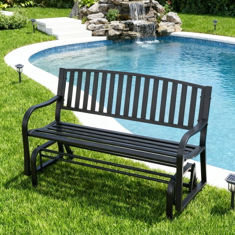 Outdoor Glider Bench Powder Coated Metal Slatted Seat Classic Garden
