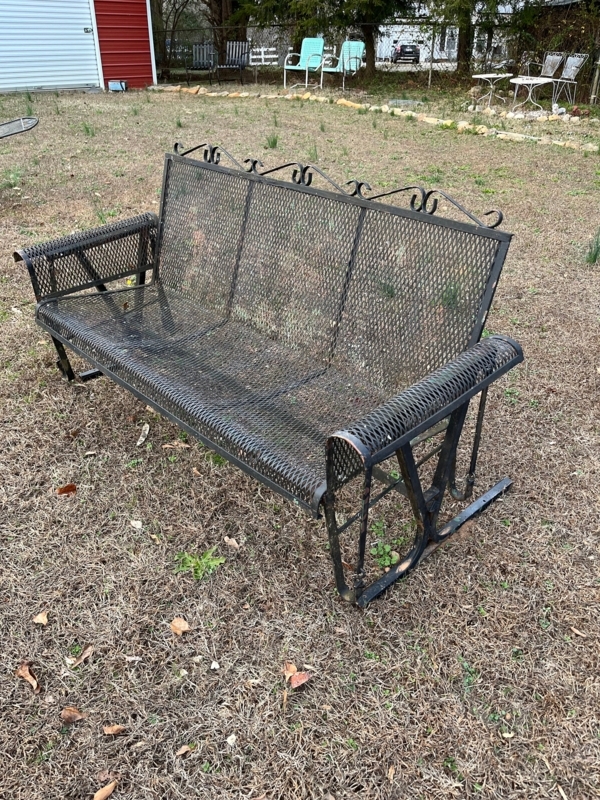 Outdoor Glider Bench Vintage Wrought Iron Scrolled Backrest Mesh Seat