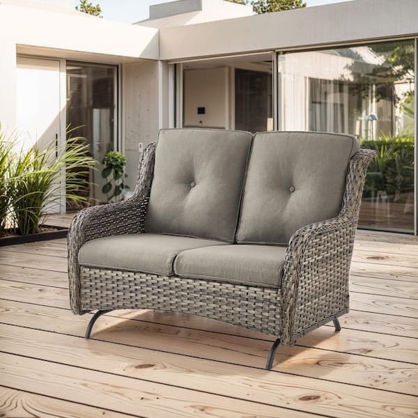 Outdoor Glider Couch in Weathered Gray Wicker with Tufted Back Cushions
