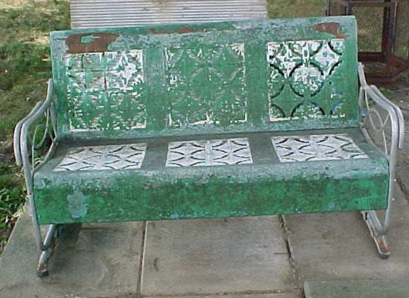 Outdoor Glider Distressed Weathered Green Metal Geometric Cutouts