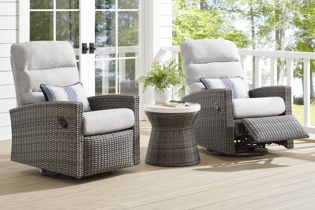 Outdoor Glider Recliner Set, Swivel Mechanism, Driftwood Gray Wicker