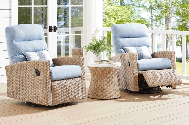 Outdoor Glider Recliner Sky Blue Upholstery, Blue Wicker Patio Set