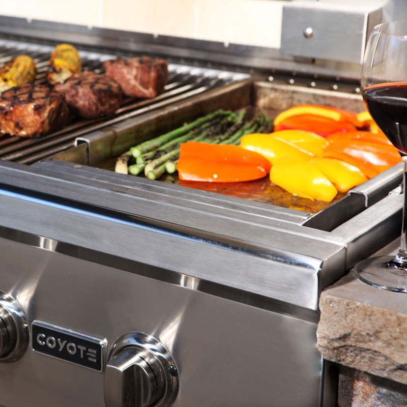 Outdoor Grill Griddle, Coyote Branding, Control Knobs, Drop-In.