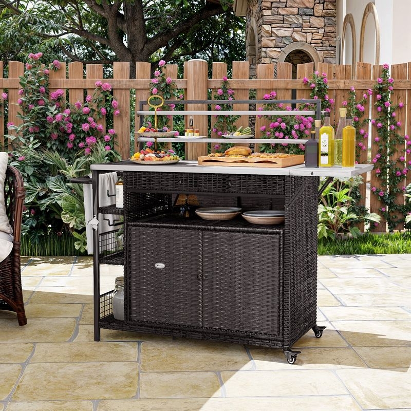 Outdoor Kitchen Cart Espresso Wicker Extendable Tabletop Multi Tier