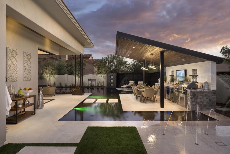 Outdoor Kitchen Pavilion with Slanted Shed Roof and Ring Pendants