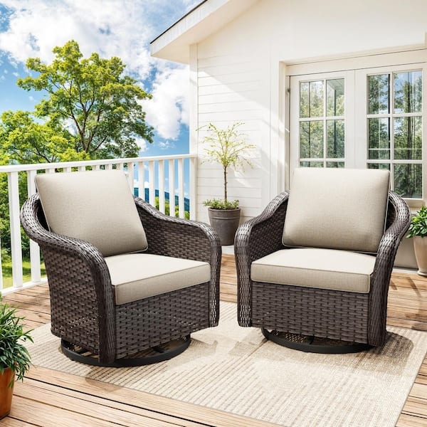 Outdoor Lounge Chair Deep Brown Wicker Swivel Base Beige Cushions
