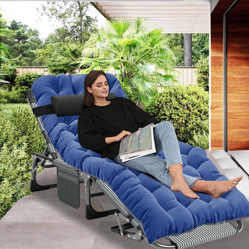 Outdoor Lounge Chair Royal Blue Tufted Foldable Steel Frame Side Pocket