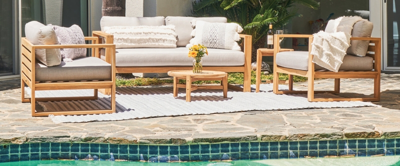 Outdoor Lounge Set Modern Coastal Slatted Sides Boxy Frame Warm Honey