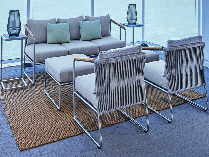 Outdoor Lounge Set Stainless Steel Rope Back Detail with Wood Arm Accents